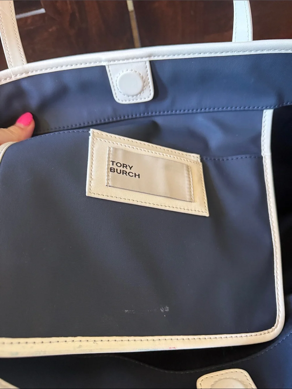 Tory Burch Navy and White Perforated Logo Tote